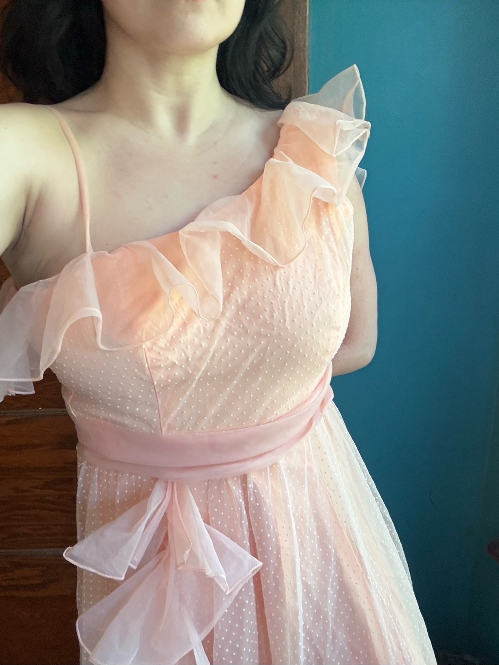 VINTAGE STUNNING Ruffle Asymmetrical Top Maxi Gown Peaches n Cream Swiss Dot 4 - Picture 3 of 12